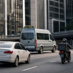 Táxi, van escolar e motocicleta de entrega circulam por avenida de São Paulo