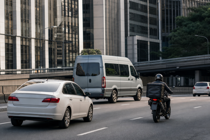 Táxi, van escolar e motocicleta de entrega circulam por avenida de São Paulo
