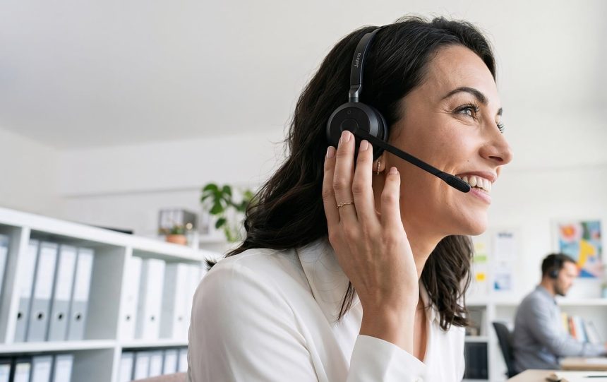Mulher usando headset em um ambiente de atendimento e comunicação com o público.